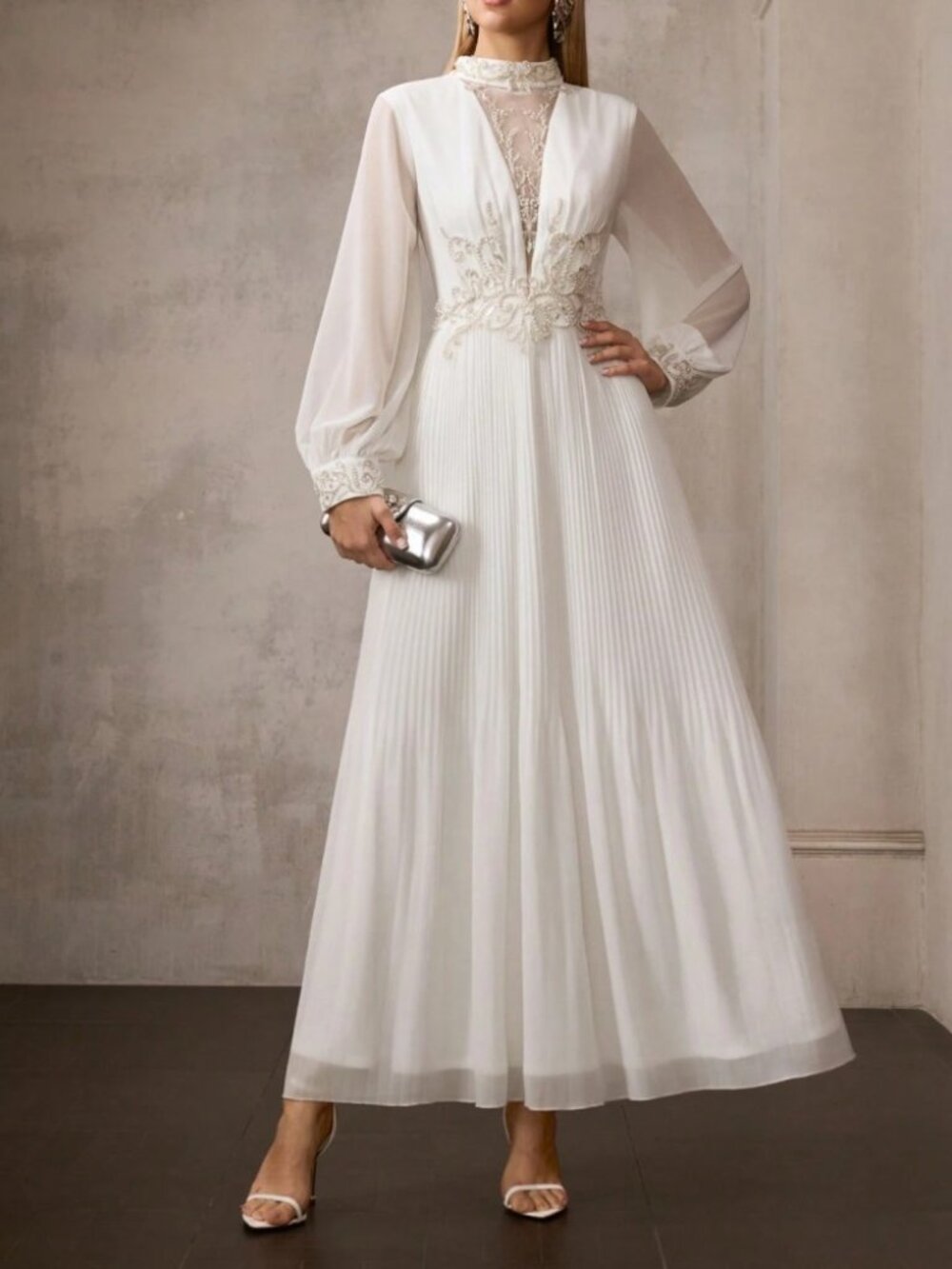 Cream Chiffon Pearl Beaded Maxi Dress with Sheer Illusion Bodice